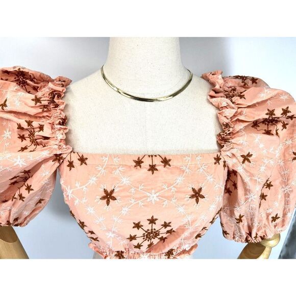 Zara XS Womens Embroidered Cropped Top  Puff Sleeve Floral Coral Peach  - Picture 10 of 15